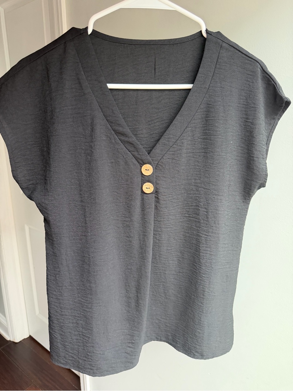 Relaxed V-Neck Black Button Front Blouse